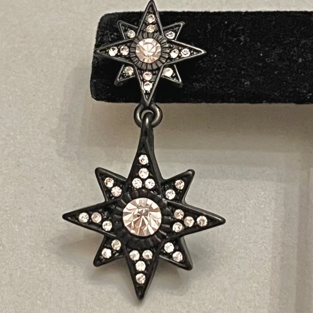 Black Matte and Crystal Star Dangle Earrings, 1-1/2"